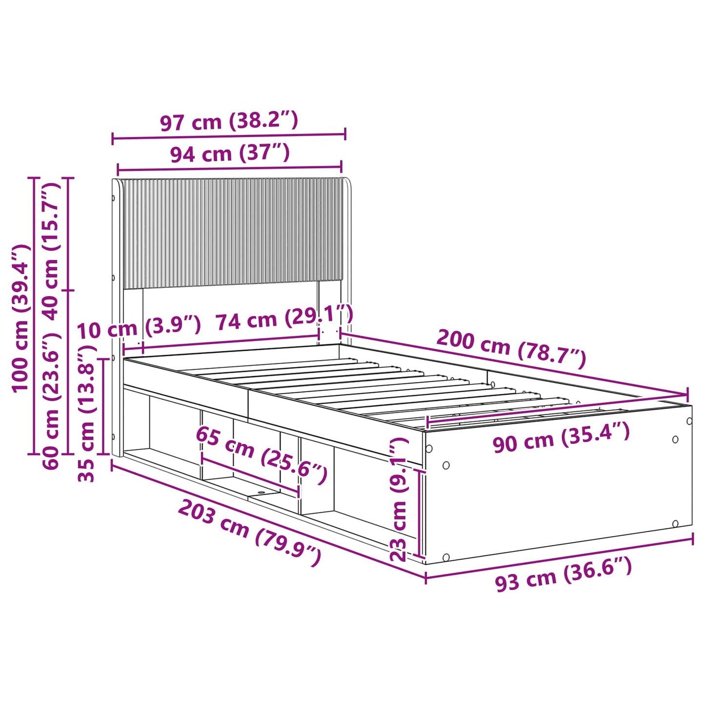 Bettgestell mit Stauraum und Kopfteil Schwarz 90 x 200 cm