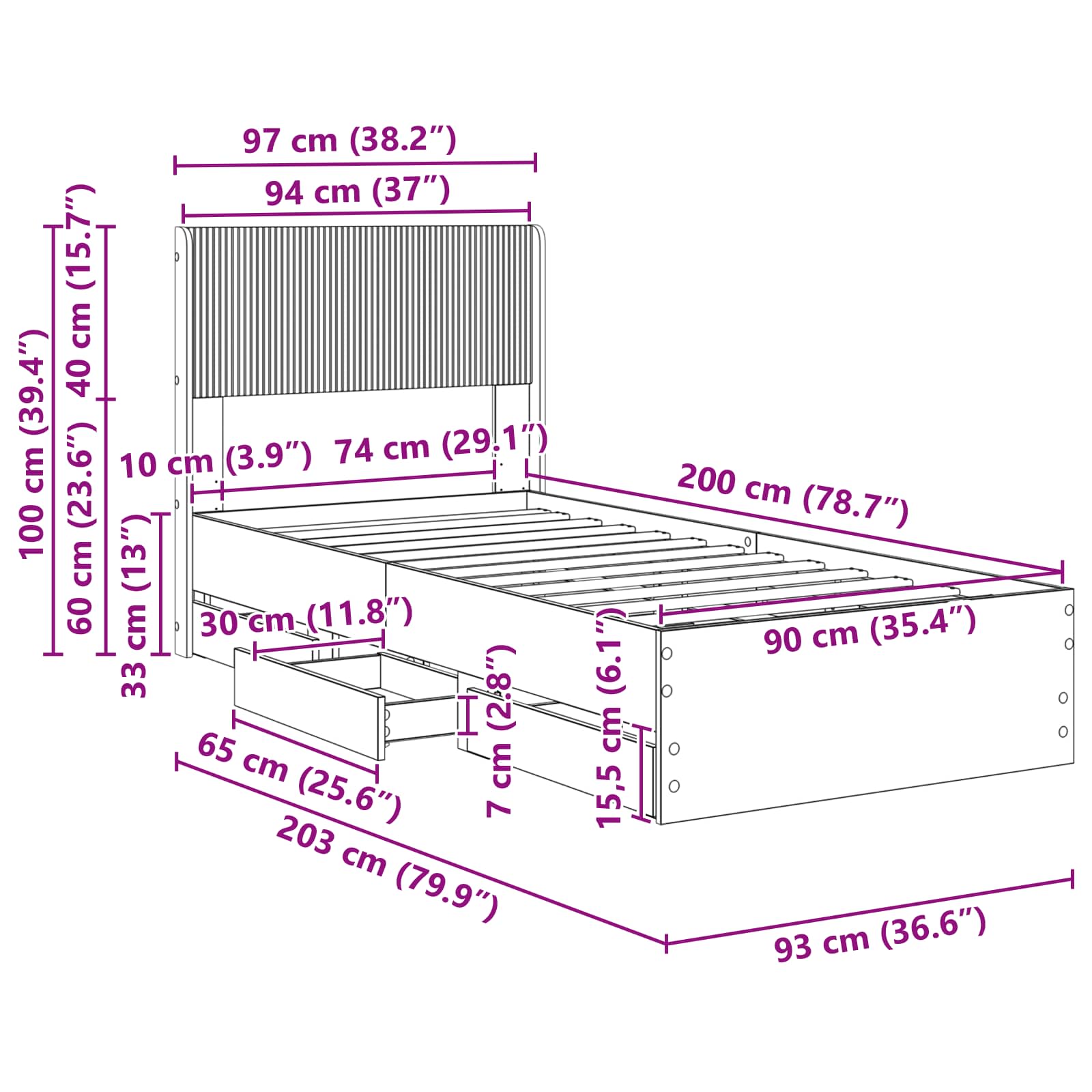Bettgestell mit Stauraum und Kopfteil Schwarz 90 x 200 cm