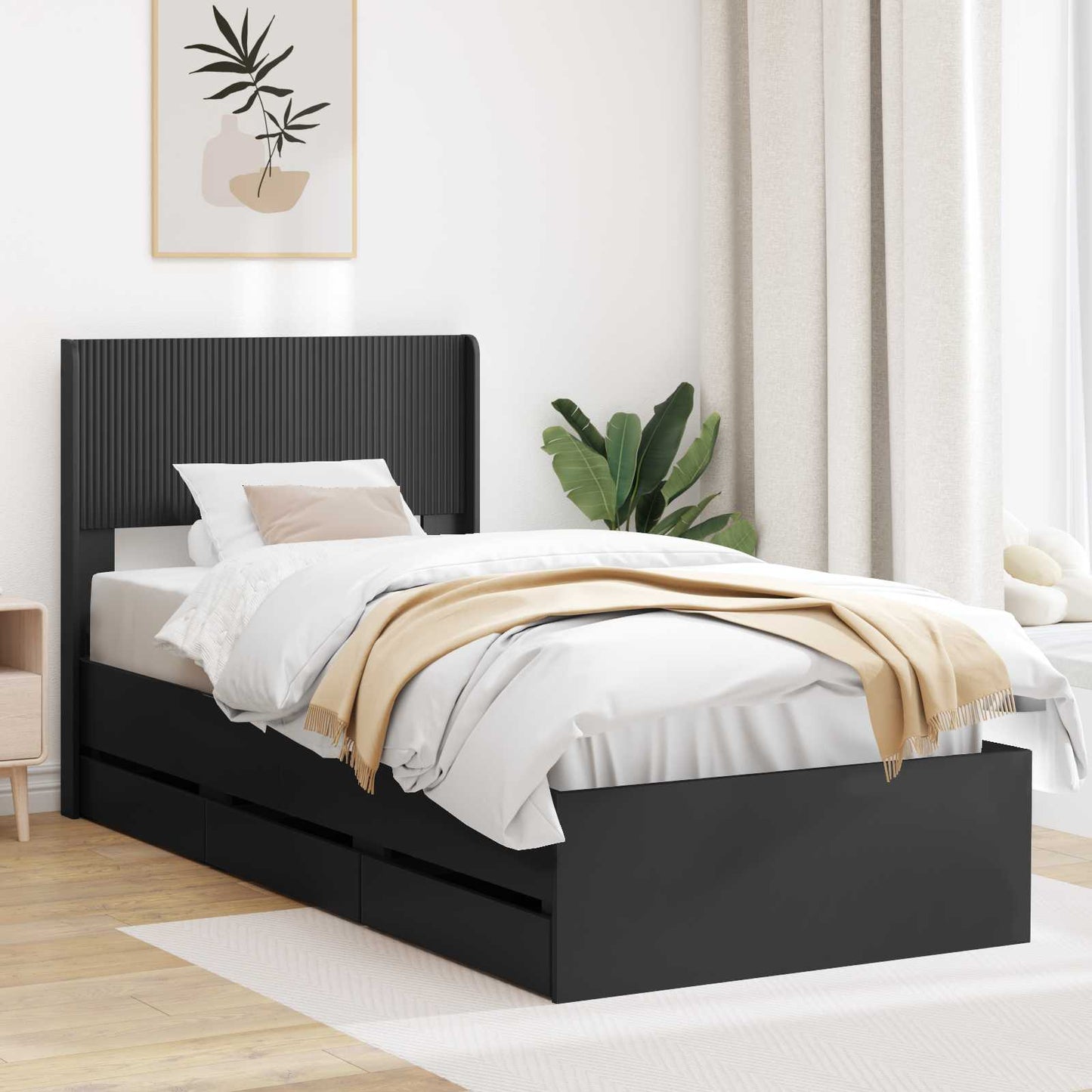 Bettgestell mit Stauraum und Kopfteil Schwarz 90 x 190 cm
