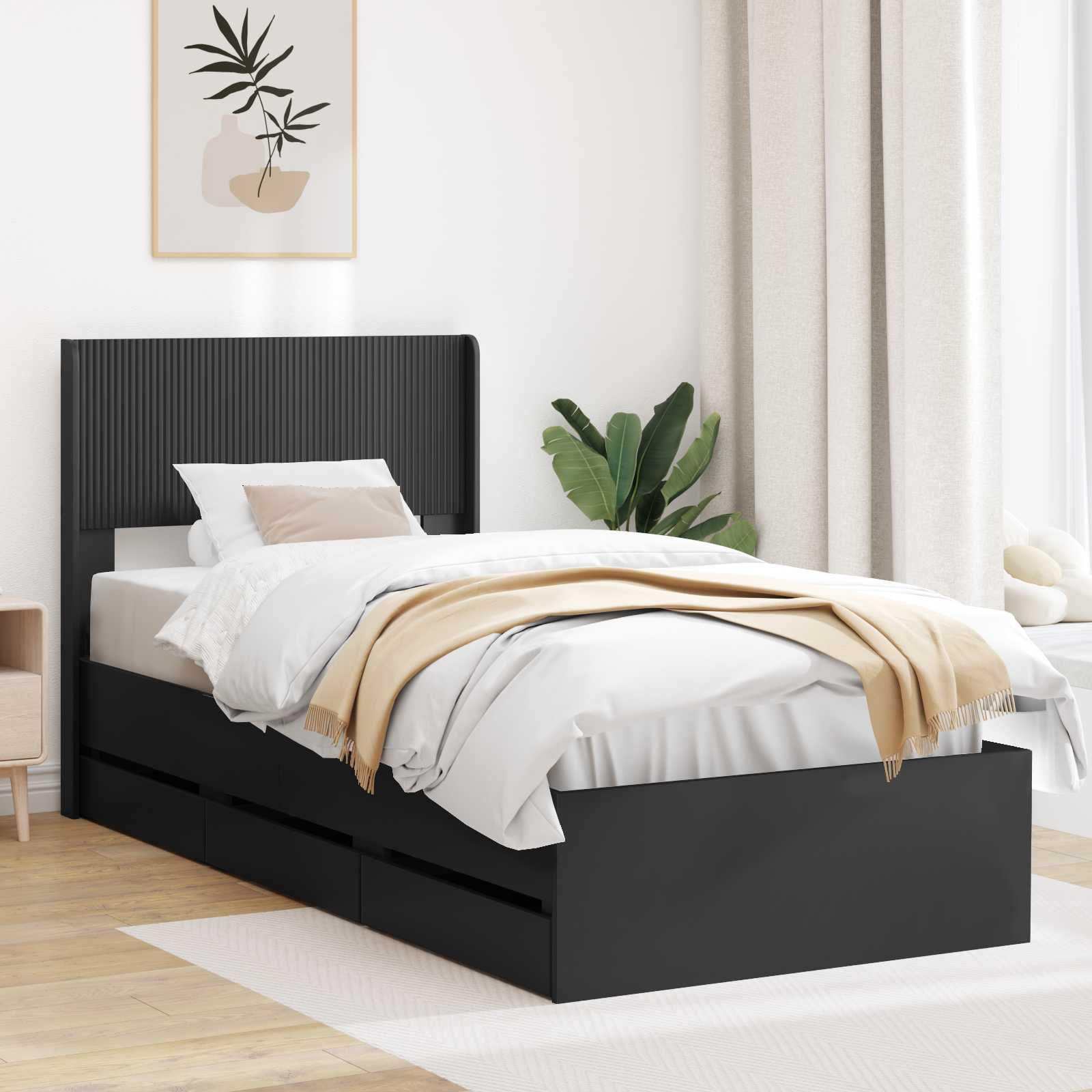 Bettgestell mit Stauraum und Kopfteil Schwarz 90 x 190 cm