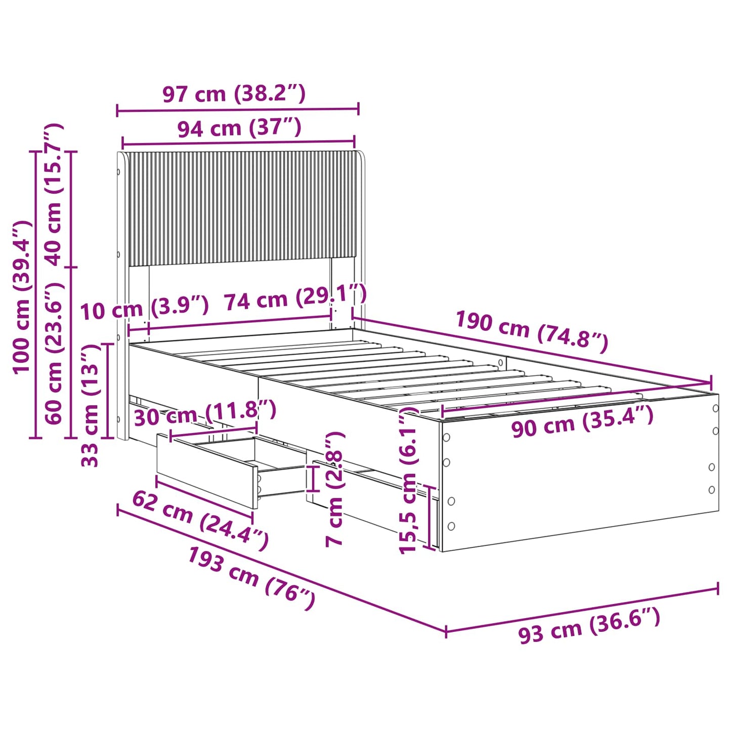 Bettgestell mit Stauraum und Kopfteil Schwarz 90 x 190 cm