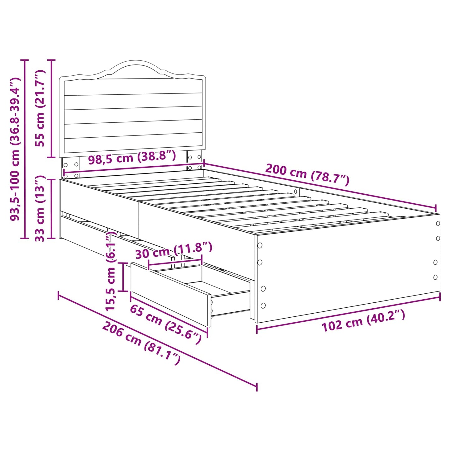 Bettrahmen Sonoma-Eiche 100 x 200 cm Ingenieurs Holz