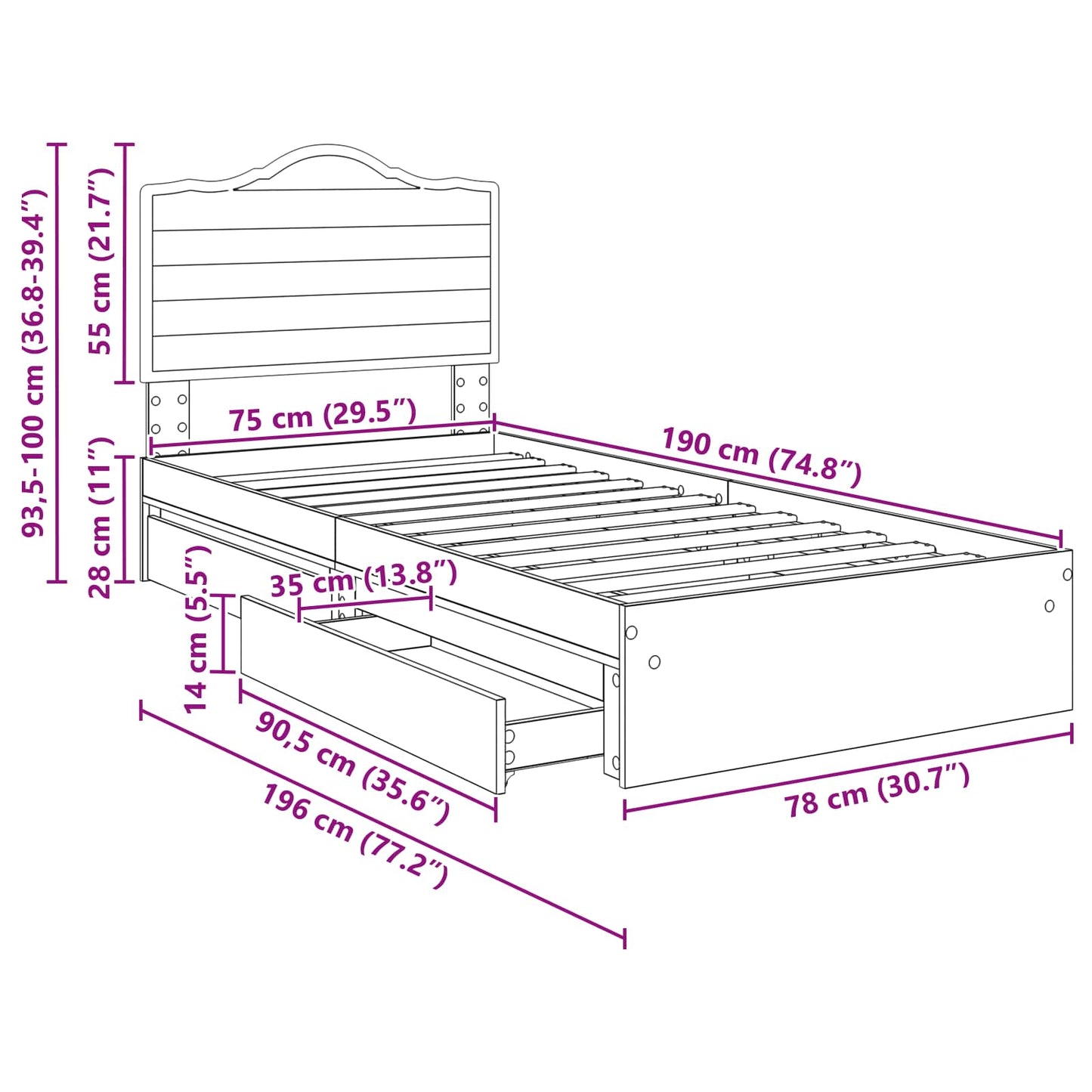 Aufbewahrungsbett Sonoma-Eiche 70 x 190 cm Holzwerkstoff