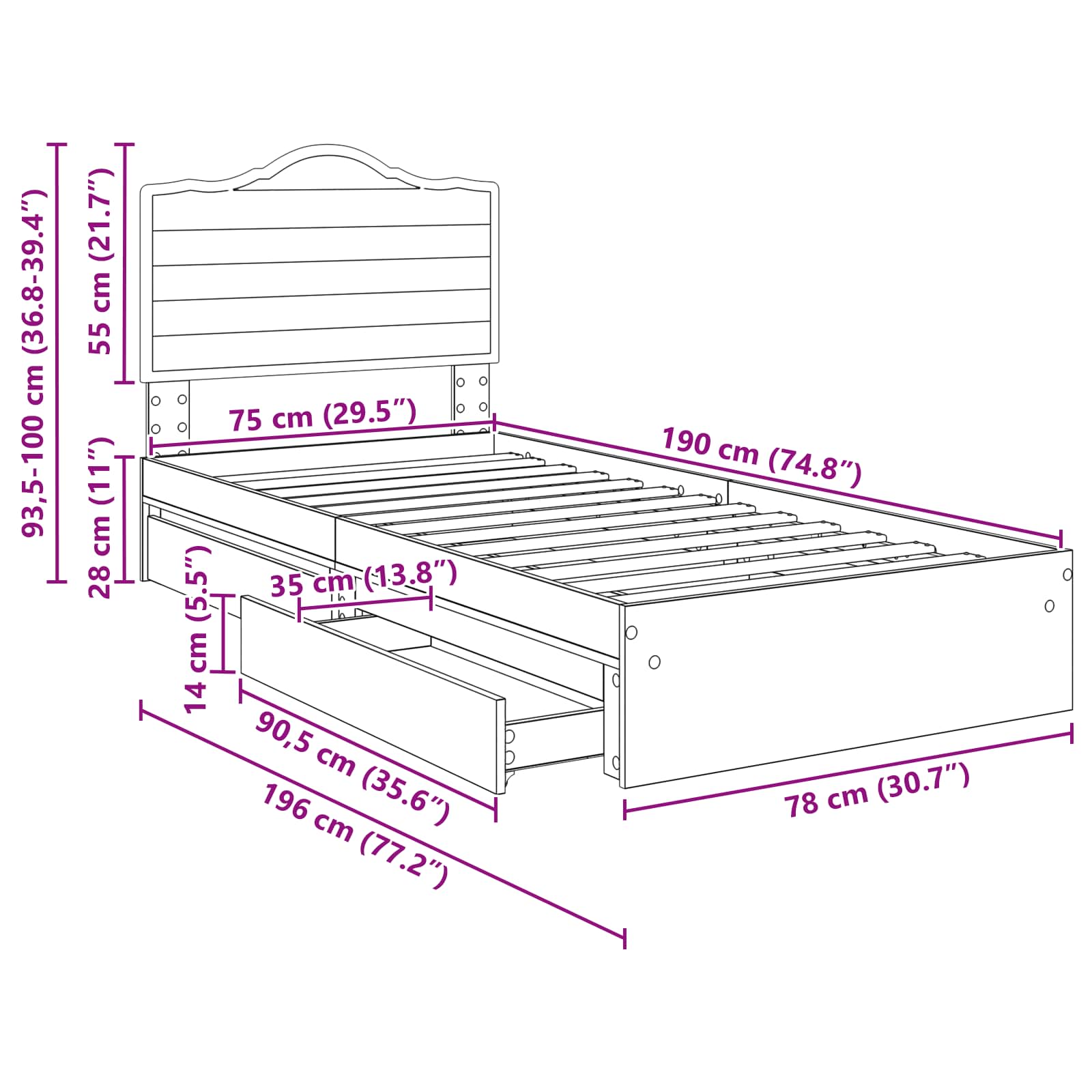 Aufbewahrungsbett Sonoma-Eiche 70 x 190 cm Holzwerkstoff