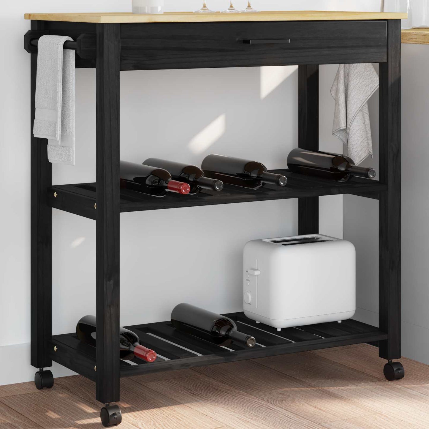 Küchentrolley MONZA Schwarz 84 x 40 x 88,5 cm Massivholz Kiefer