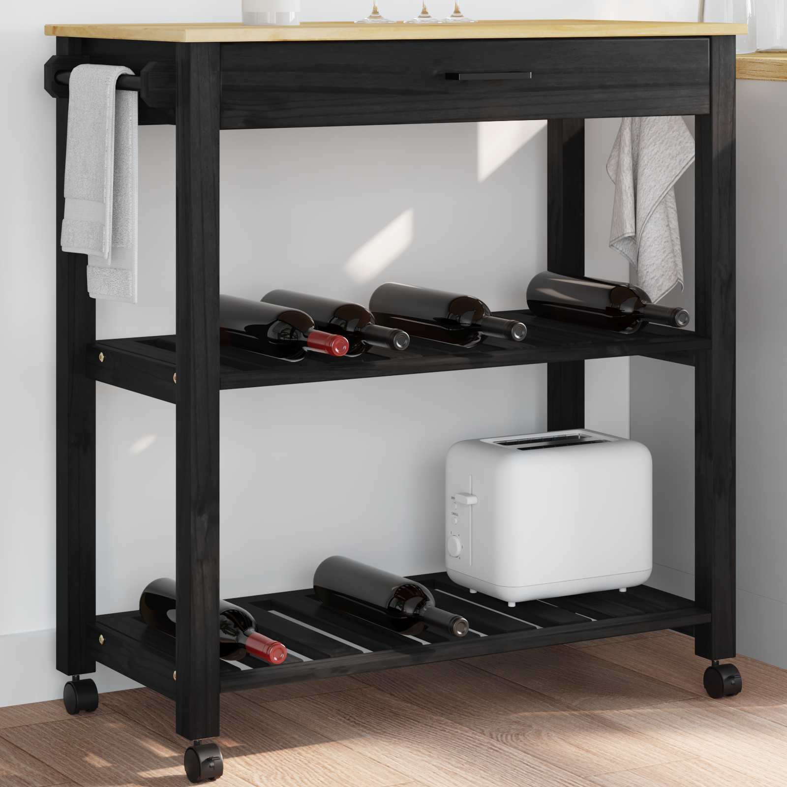 Küchentrolley MONZA Schwarz 84 x 40 x 88,5 cm Massivholz Kiefer