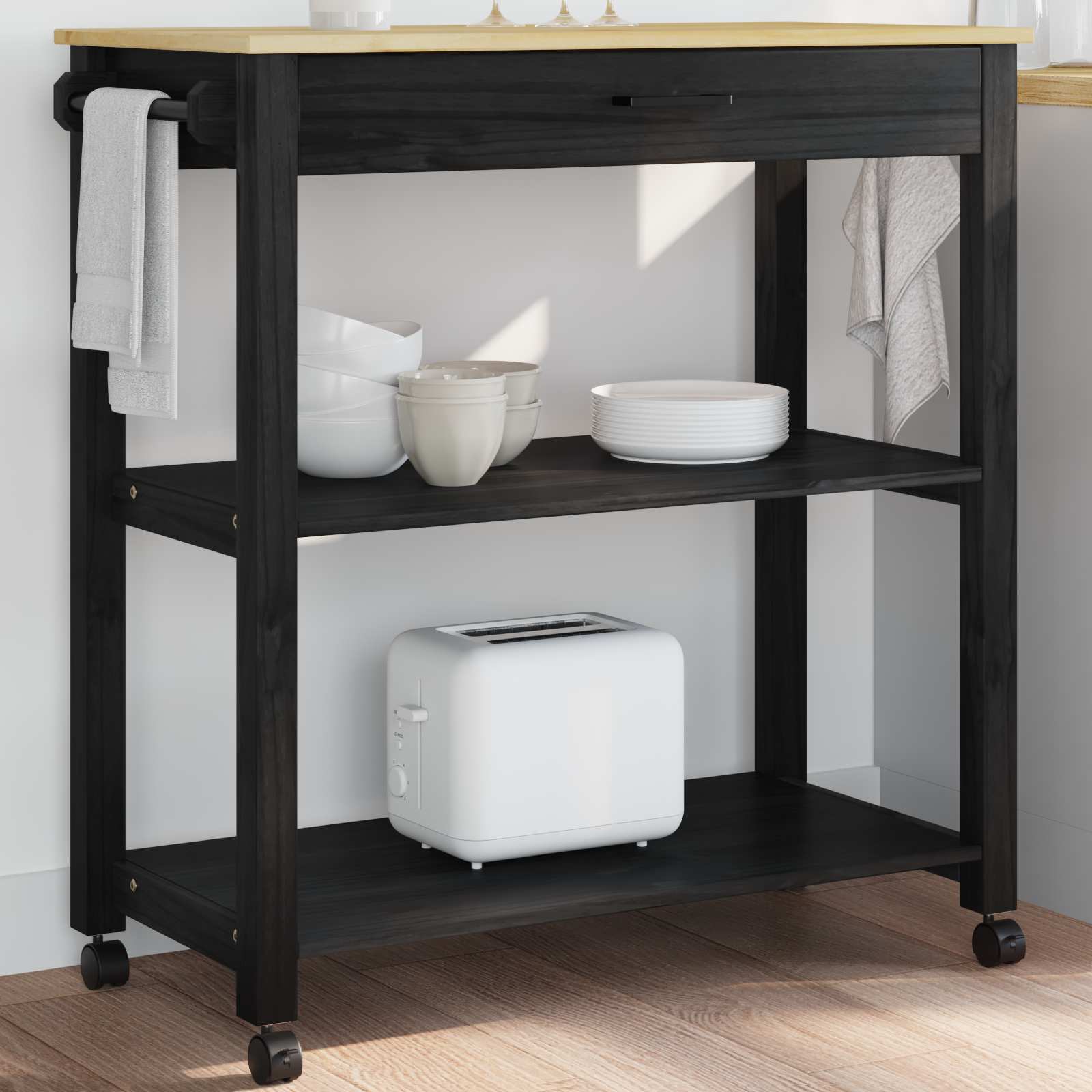 Küchentrolley MONZA Schwarz 84 x 40 x 88,5 cm Massivholz Kiefer