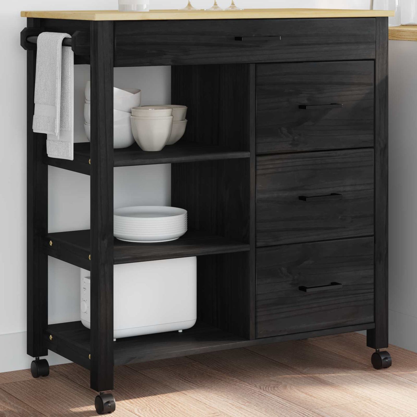 Küchentrolley MONZA Schwarz 84 x 40 x 88,5 cm Massivholz Kiefer