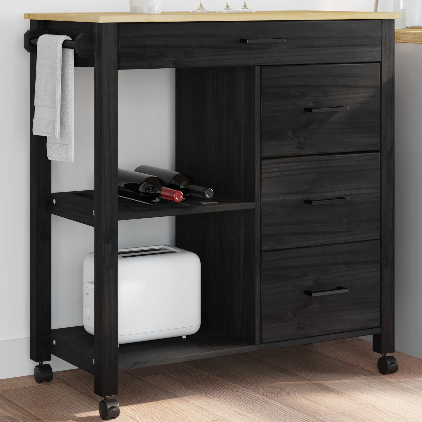 Küchentrolley MONZA Schwarz 84 x 40 x 88,5 cm Massivholz Kiefer