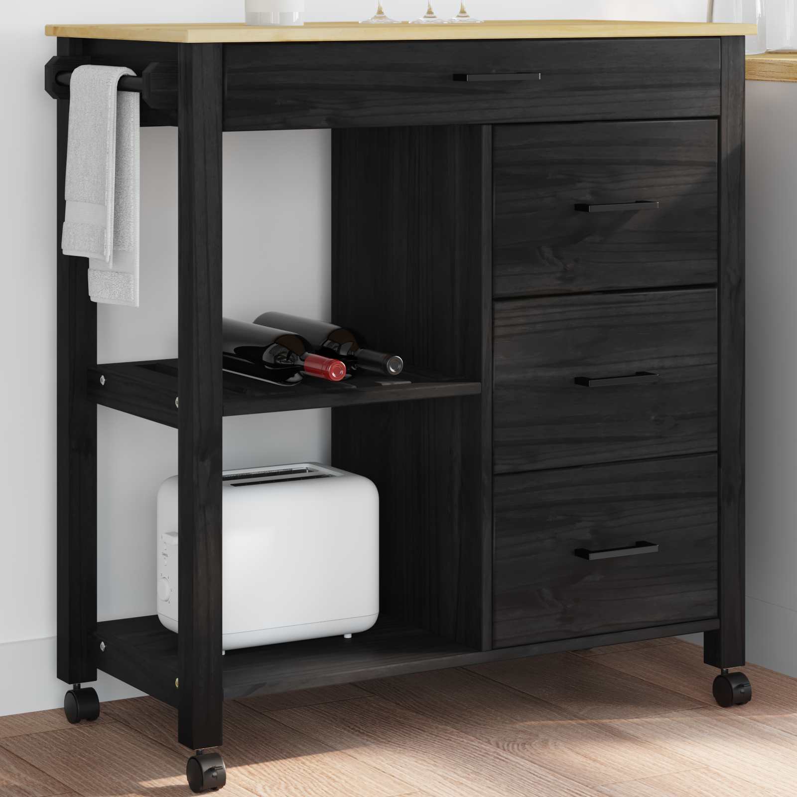 Küchentrolley MONZA Schwarz 84 x 40 x 88,5 cm Massivholz Kiefer