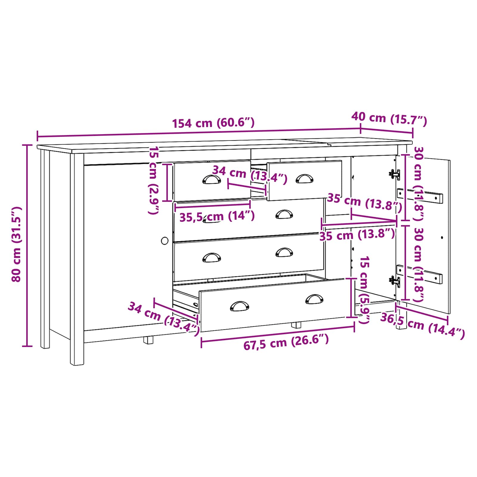 Sideboard HILL Honigbraun 154 x 40 x 80 cm Massives Kiefernholz