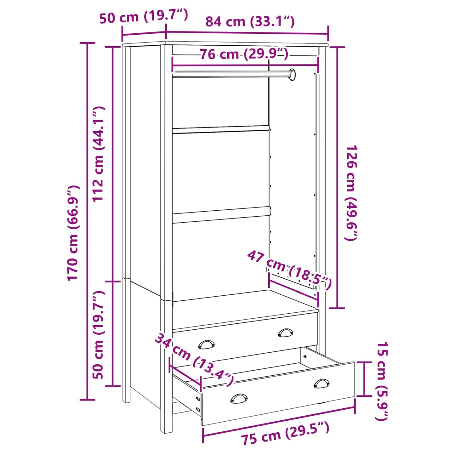 Kleiderschrank mit Schubladen HILL Honigbraun 84 x 50 x 170 cm