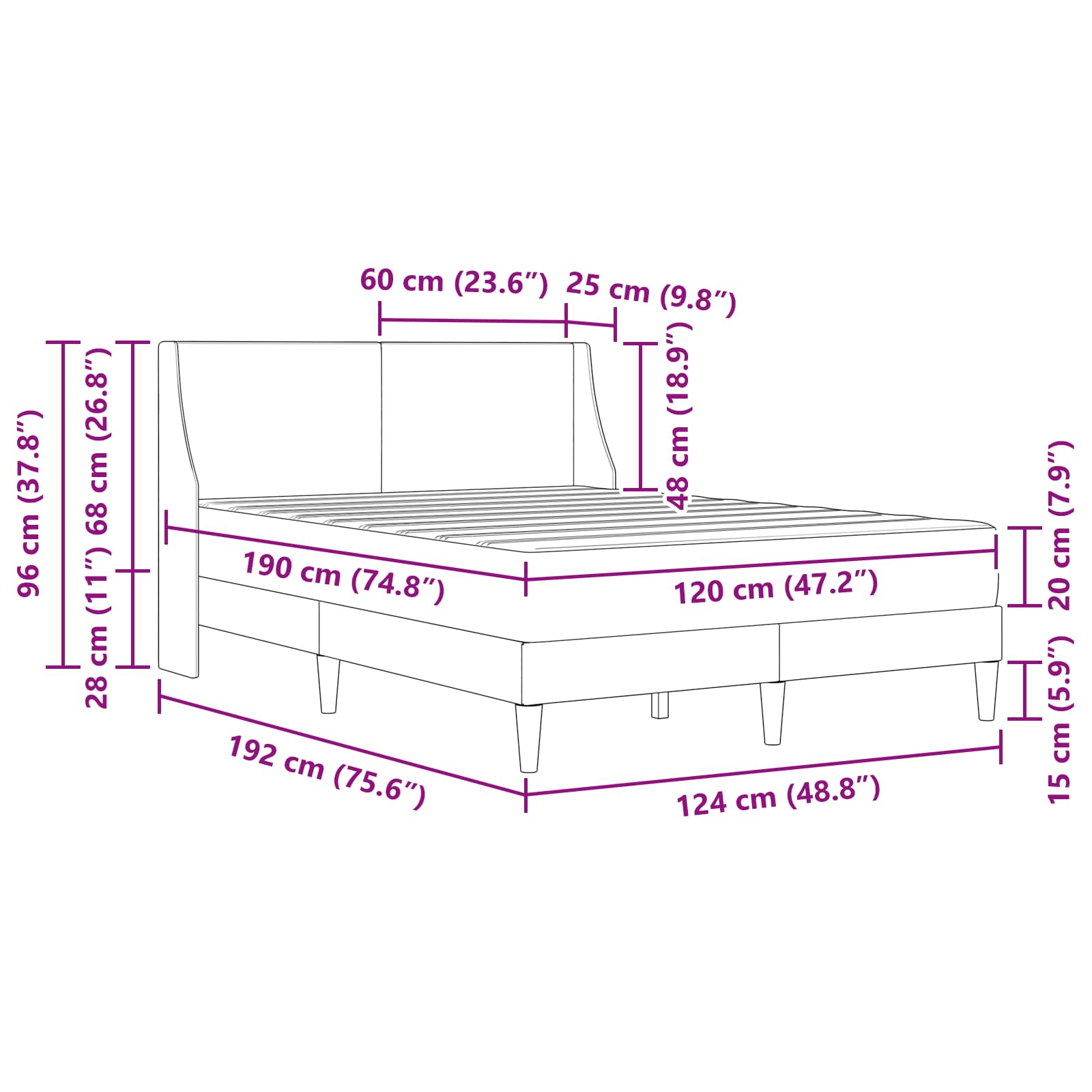 Bettgestell mit Matratze Schwarz 120 x 190 cm Polyester