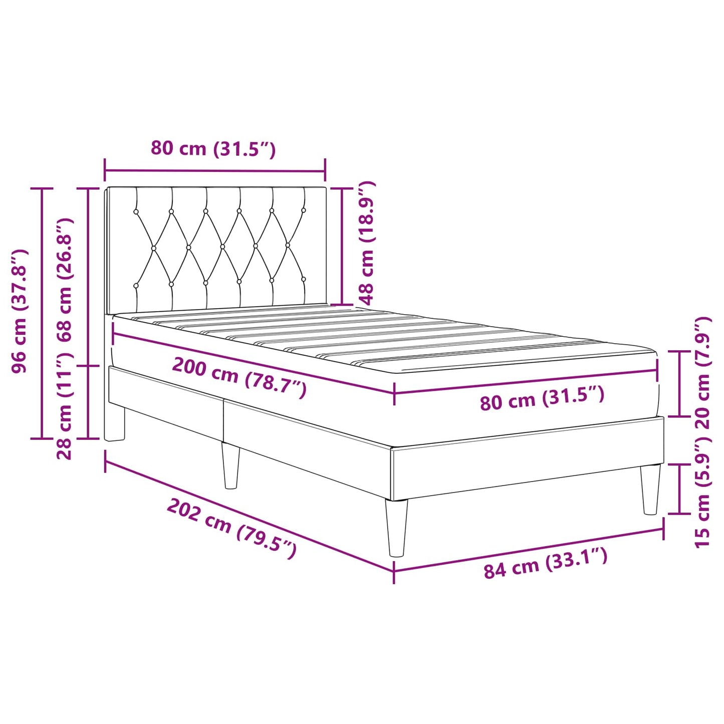 Bettgestell mit Matratze mit Kopfteil Schwarz 80 x 200 cm Samt