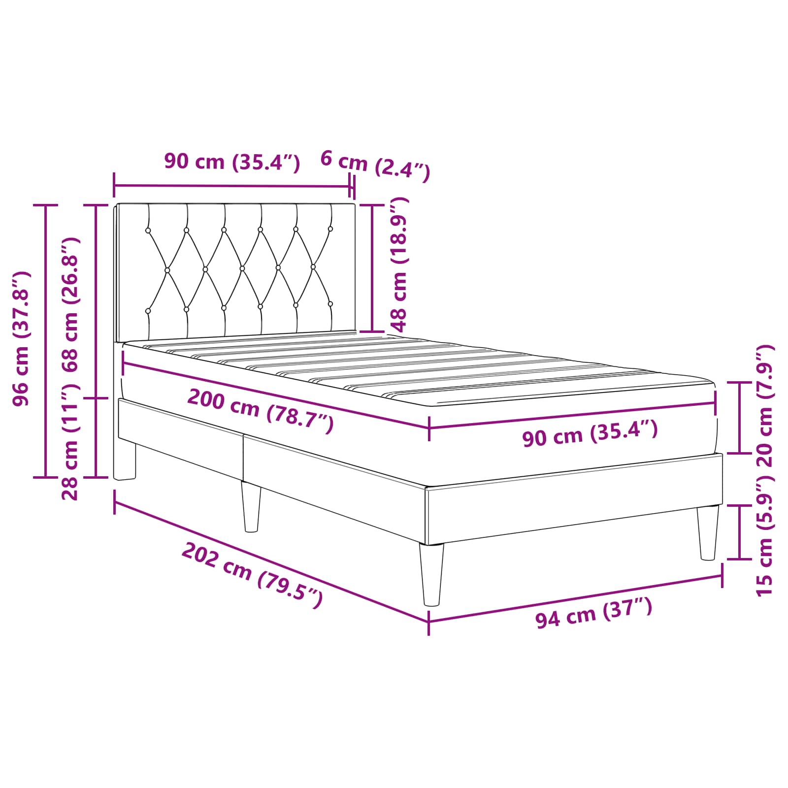 Bettgestell mit Matratze Dunkelgrau 90 x 200 cm Samt