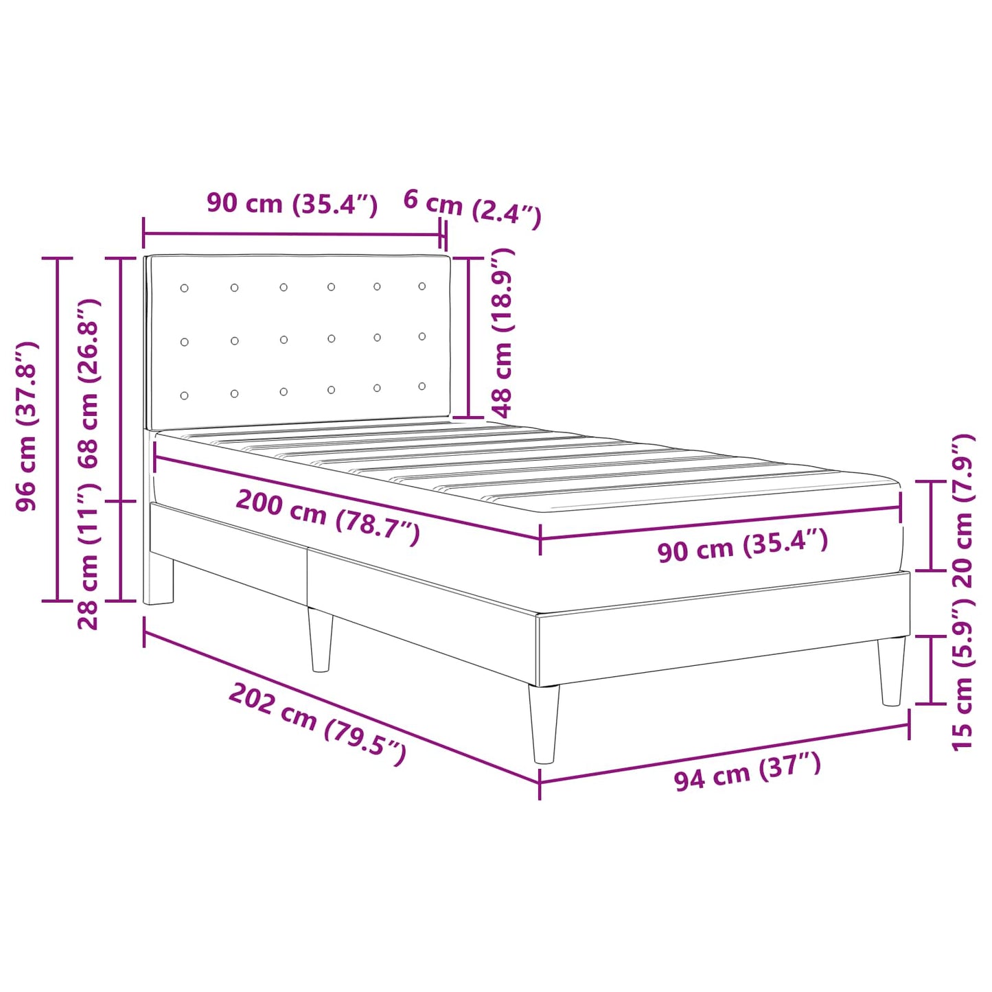 Bettgestell mit Matratze Dunkelgrau 90 x 200 cm Stoff