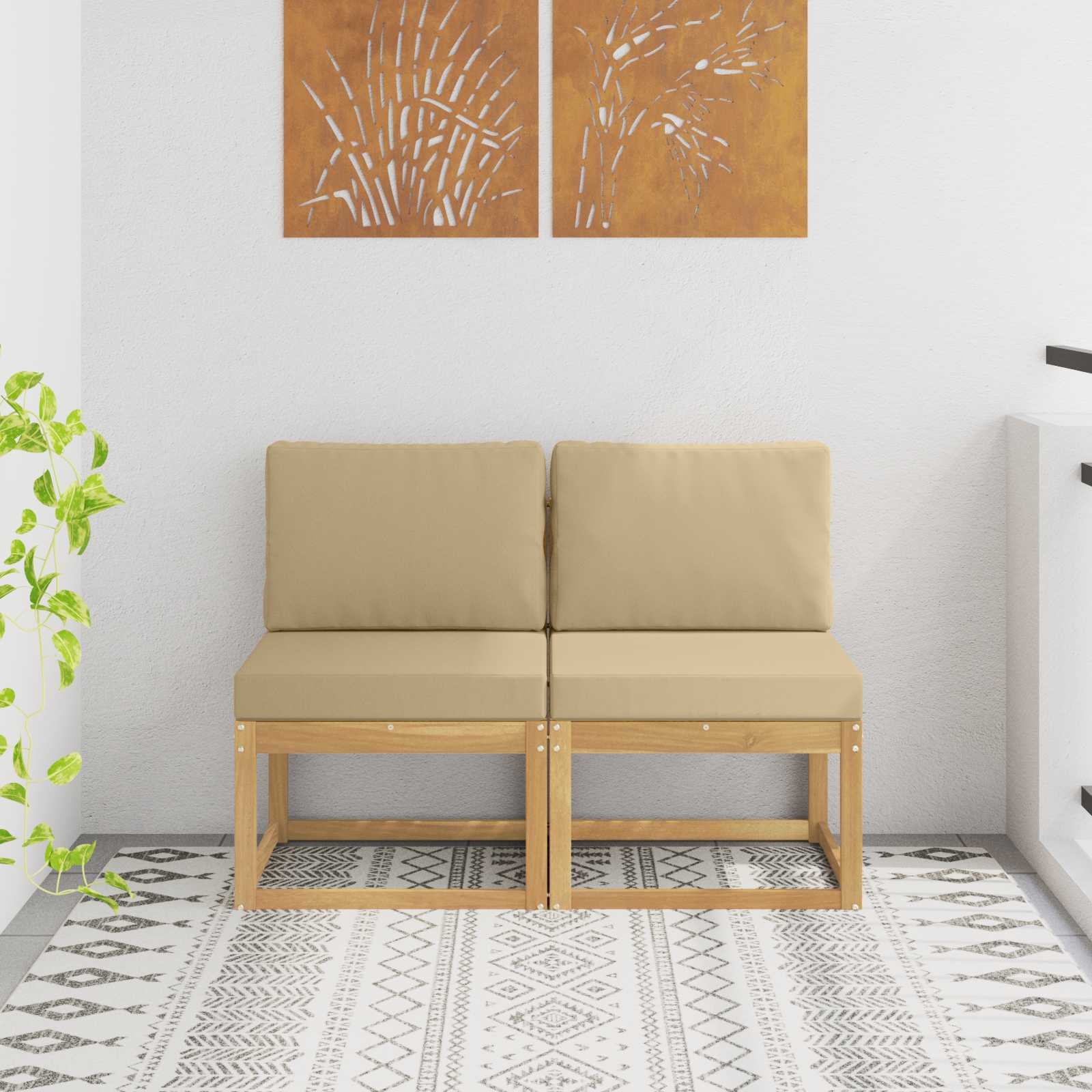 2 Stück Outdoor Mittelsofa Massivholz Akazie Weiß