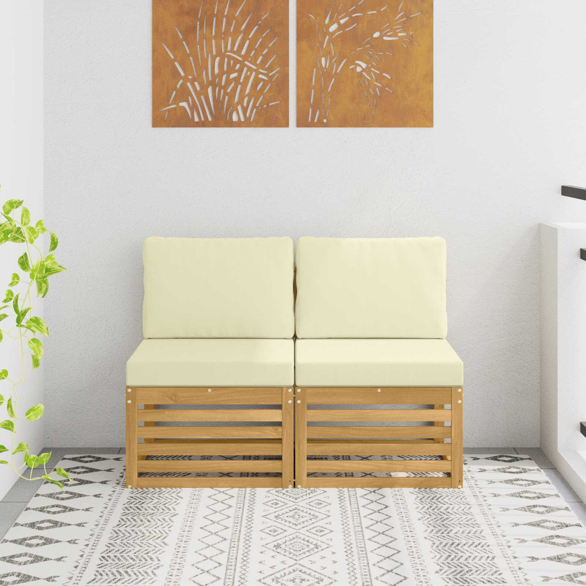 2 Stück Outdoor Mittelsofa Massivholz Akazie Weiß