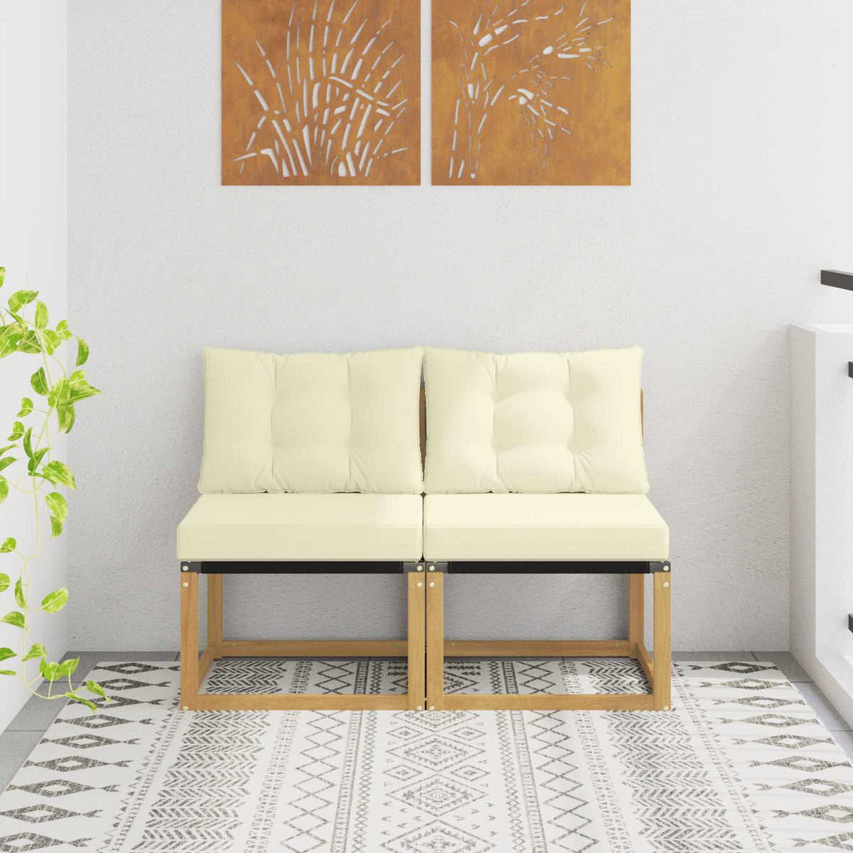 2 Stk. Outdoor Mittelsofa Massivholz Akazie und Textilene Stoff