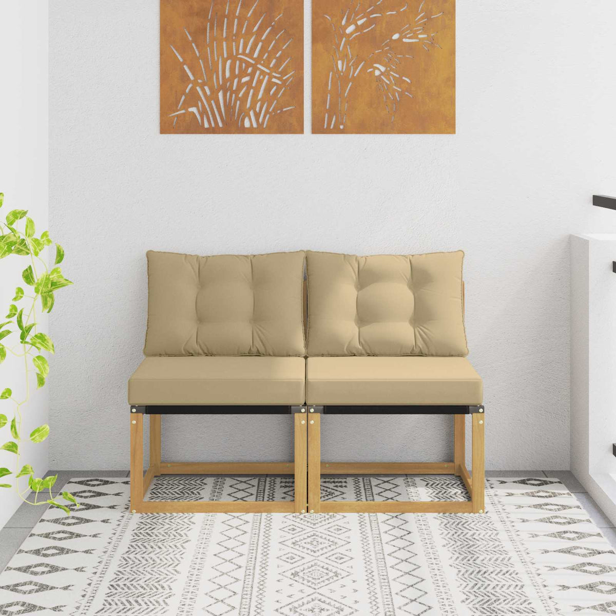 2 Stk. Outdoor Mittelsofa Massivholz Akazie und Textilene Stoff
