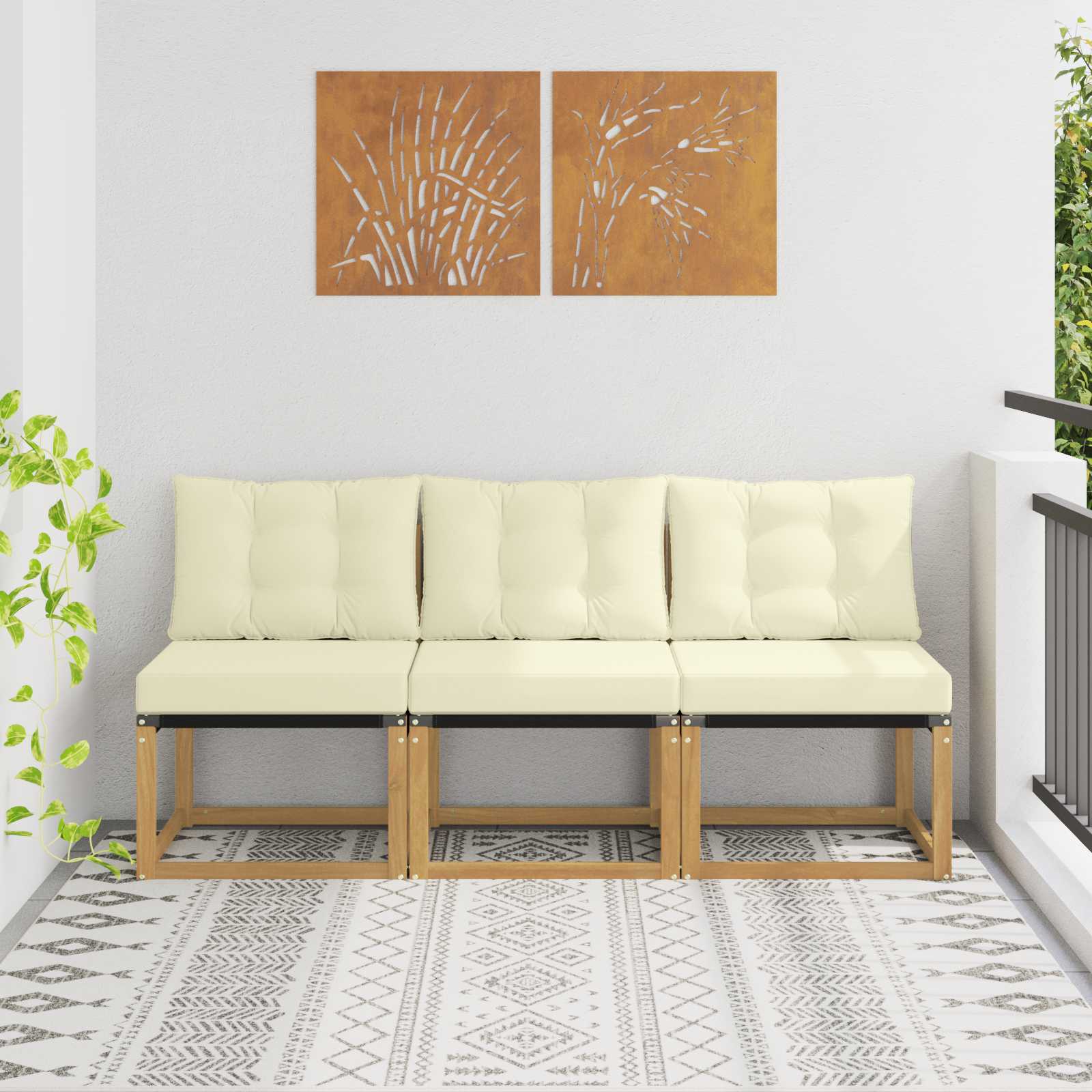 3 Stk. Outdoor Mittelsofa Massivholz Akazie und Textilene Stoff