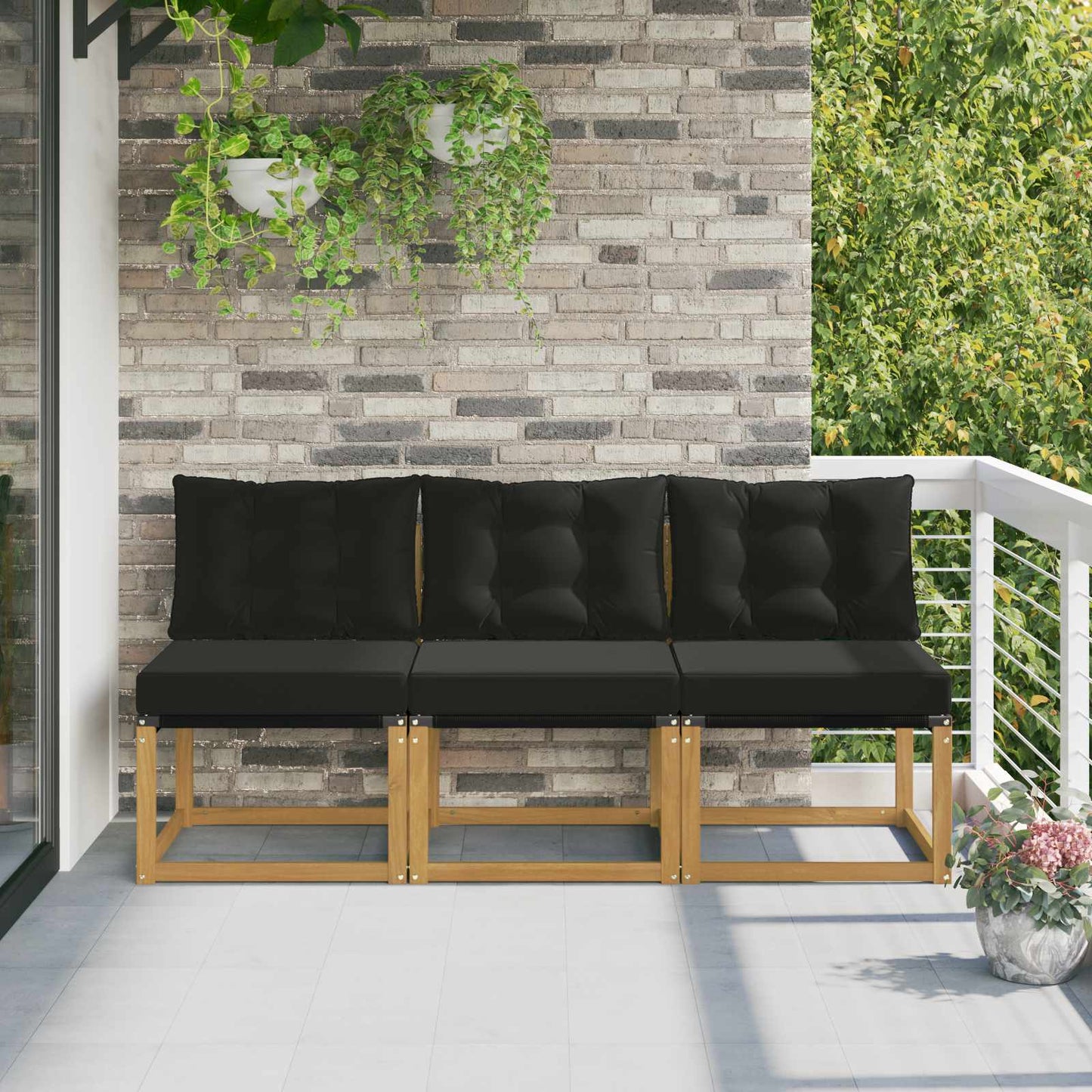 3 Stk. Outdoor Mittelsofa Massivholz Akazie und Textilene Stoff