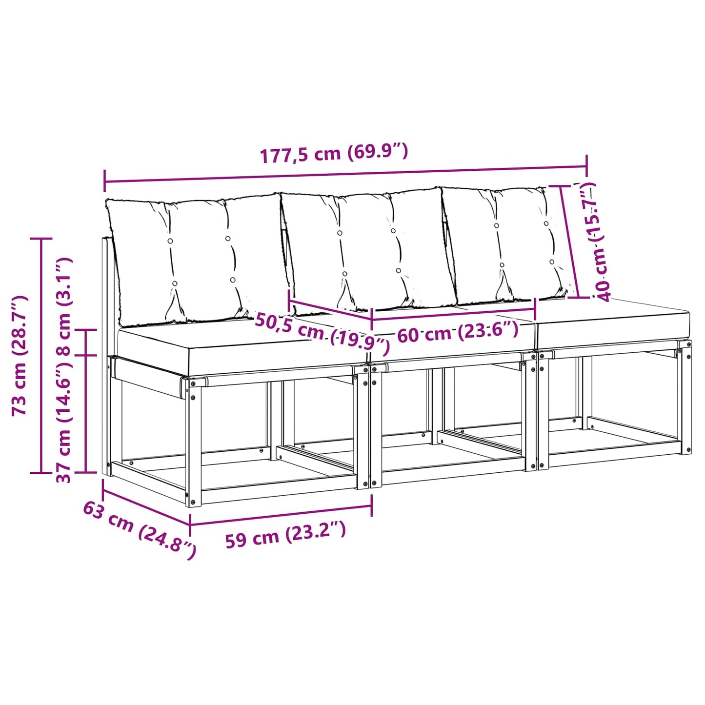 3 Stk. Outdoor Mittelsofa Massivholz Akazie und Textilene Stoff