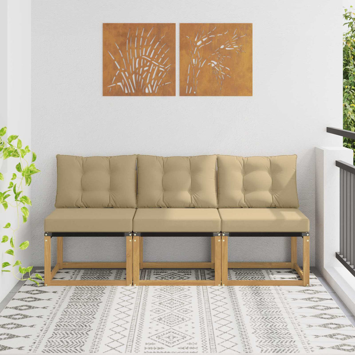 3 Stk. Outdoor Mittelsofa Massivholz Akazie und Textilene Stoff