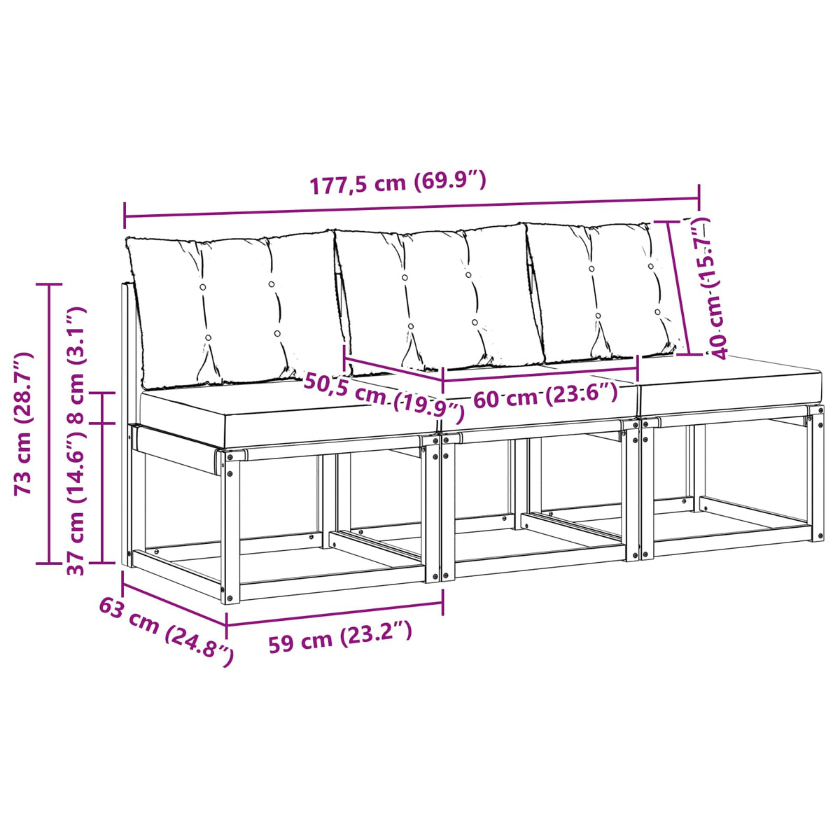 3 Stk. Outdoor Mittelsofa Massivholz Akazie und Textilene Stoff