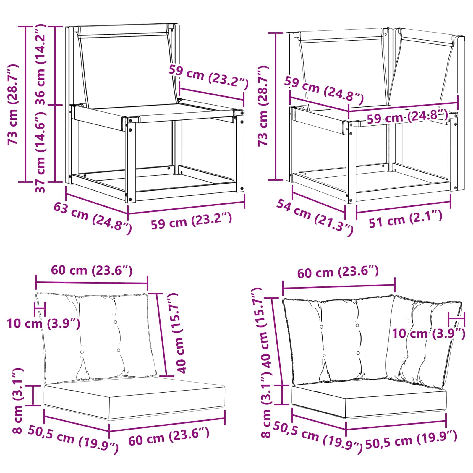 2 Stk. Outdoor Mittel- und Ecksofa Weiß