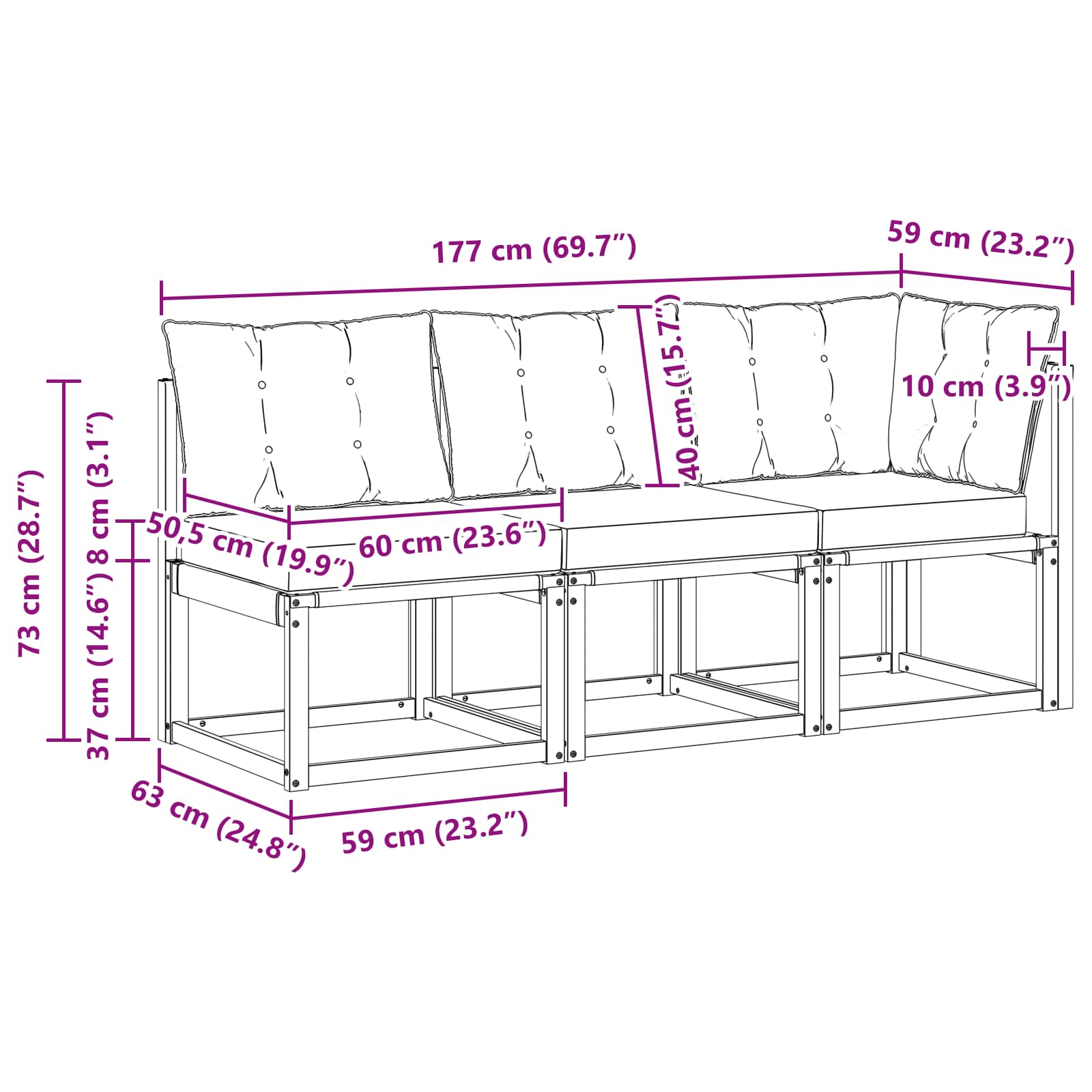 3 Stk. Outdoor Mittel- und Ecksofa Weiß