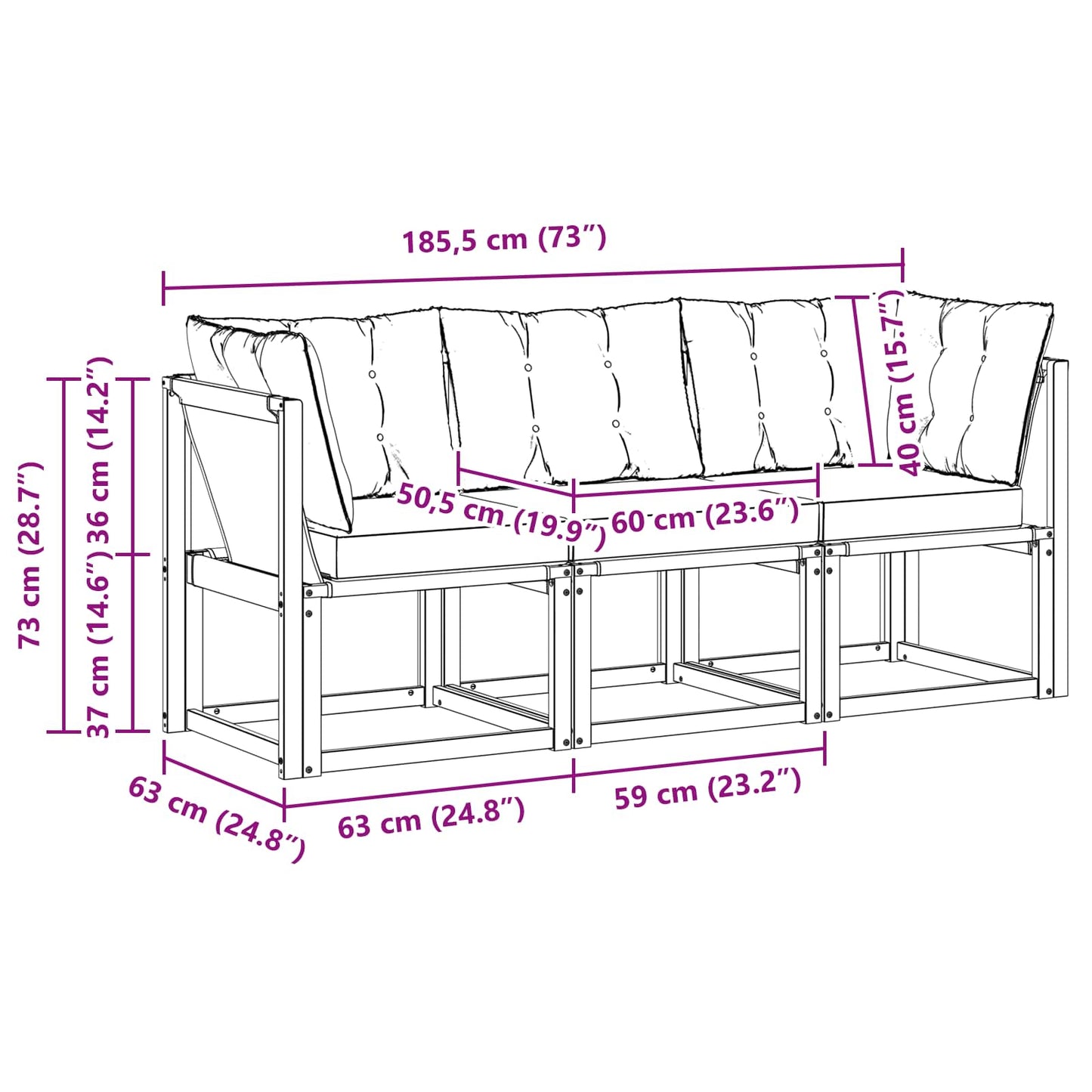 3 Stk. Outdoor Mittel- und Ecksofa Weiß