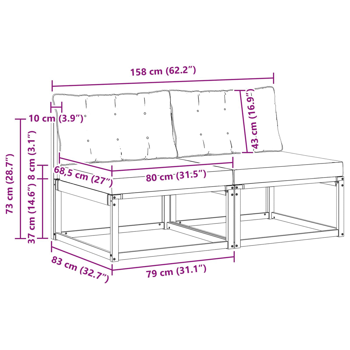 Outdoor Mittelsofa Massivholz Akazie Weiß