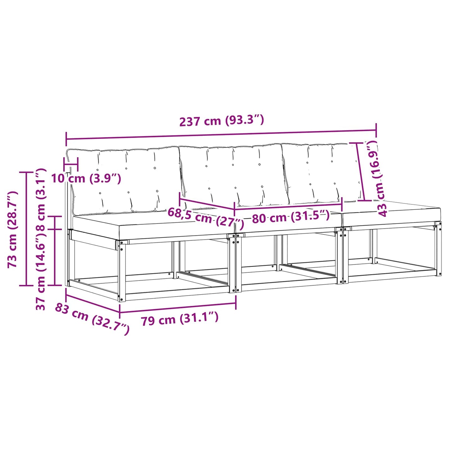 Outdoor Mittelsofa Massivholz Akazie Weiß