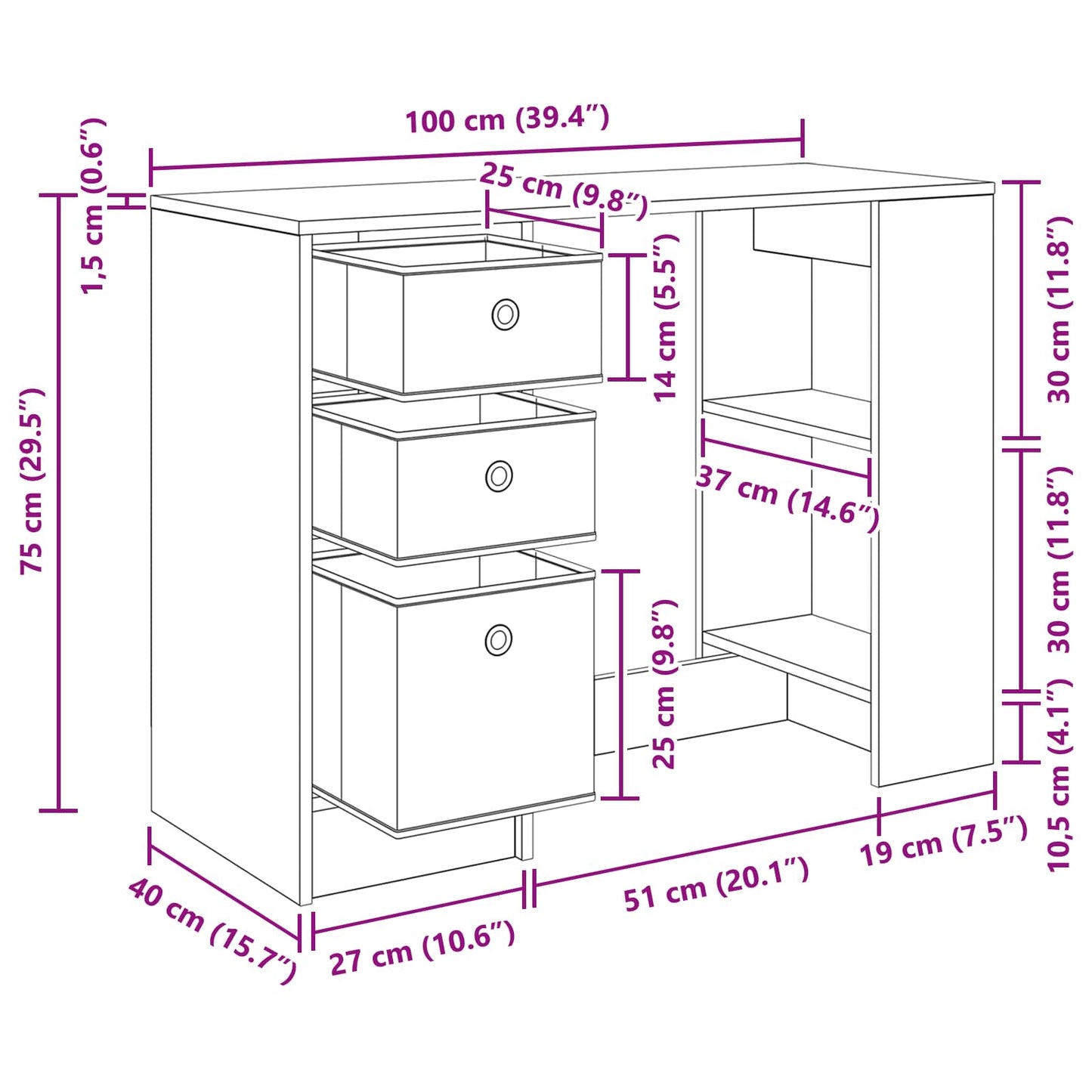Schreibtisch Sonoma-Eiche 100 x 40 x 75 cm Holzwerkstoff