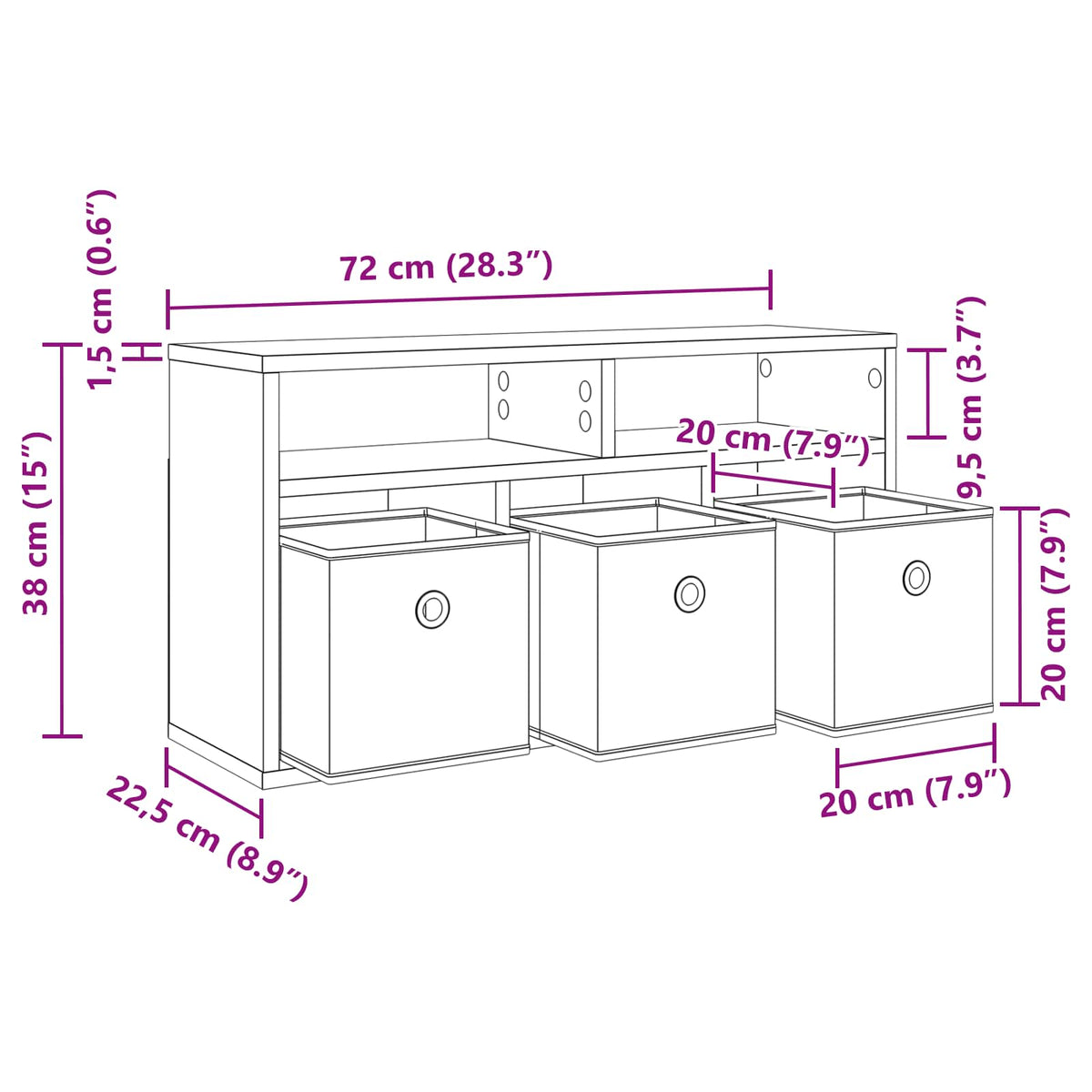 Lowboard mit Schubladen Schwarz Eichen-Optik 72 x 22,5 x 38 cm