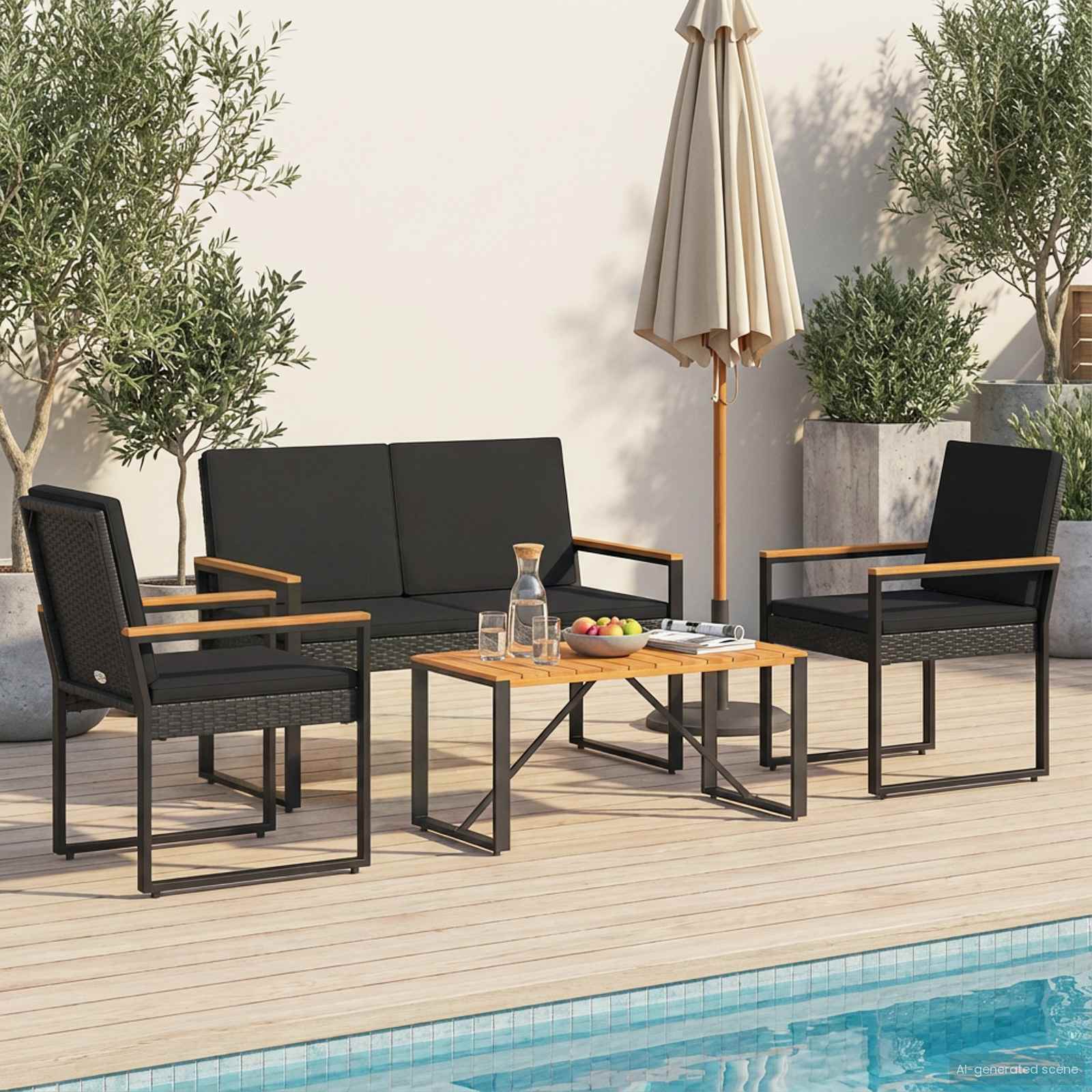 Gartenmöbel Set 4 Stk. Schwarz Poly-Rattan