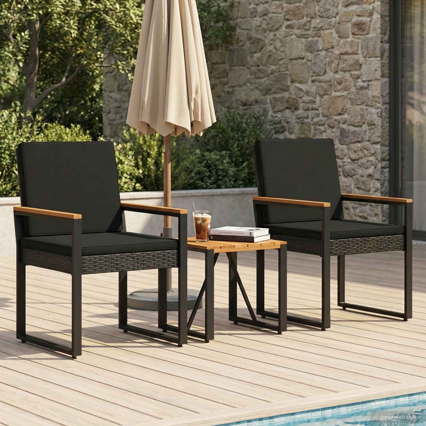 Gartenmöbel Set 3 Stk. Schwarz Poly-Rattan