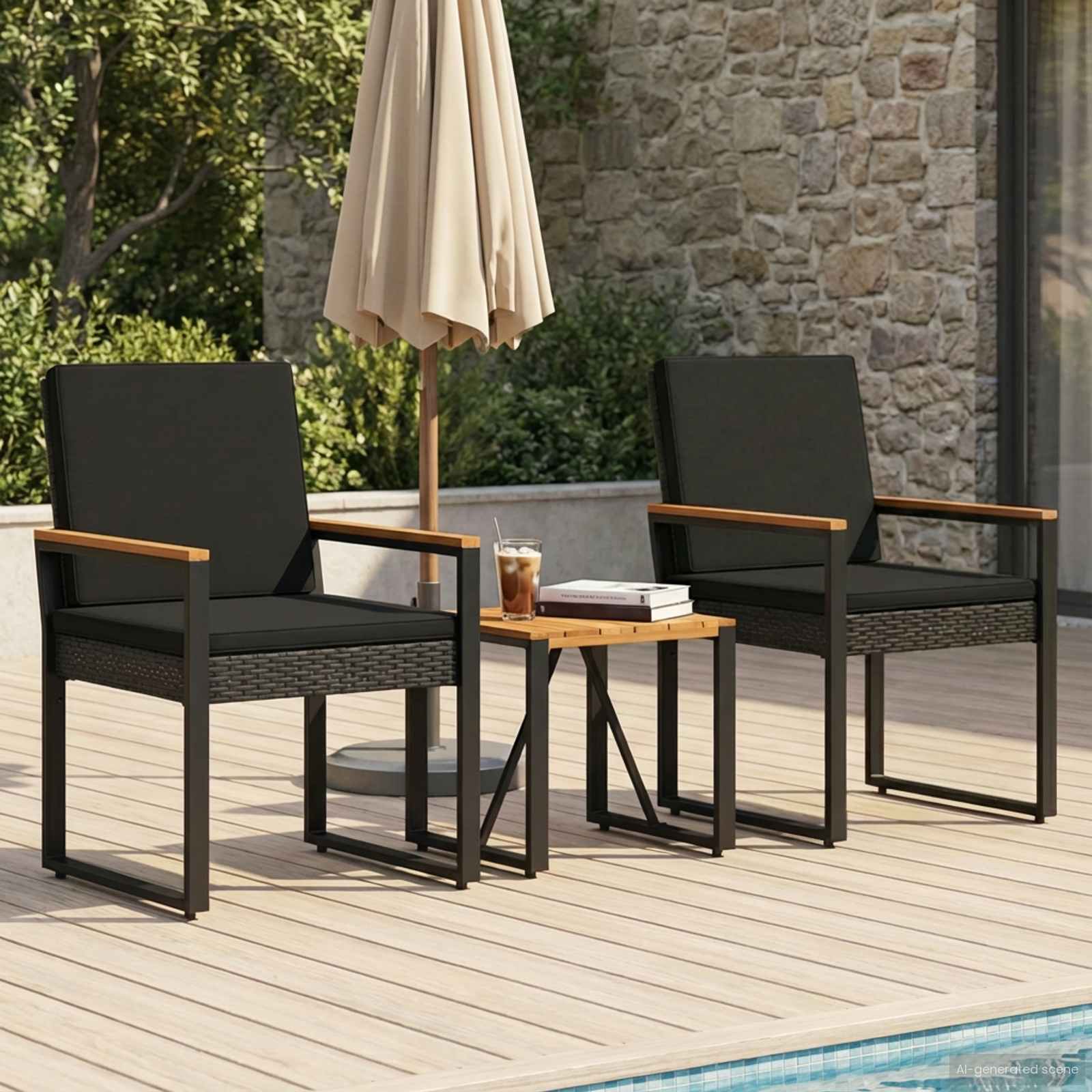 Gartenmöbel Set 3 Stk. Schwarz Poly-Rattan
