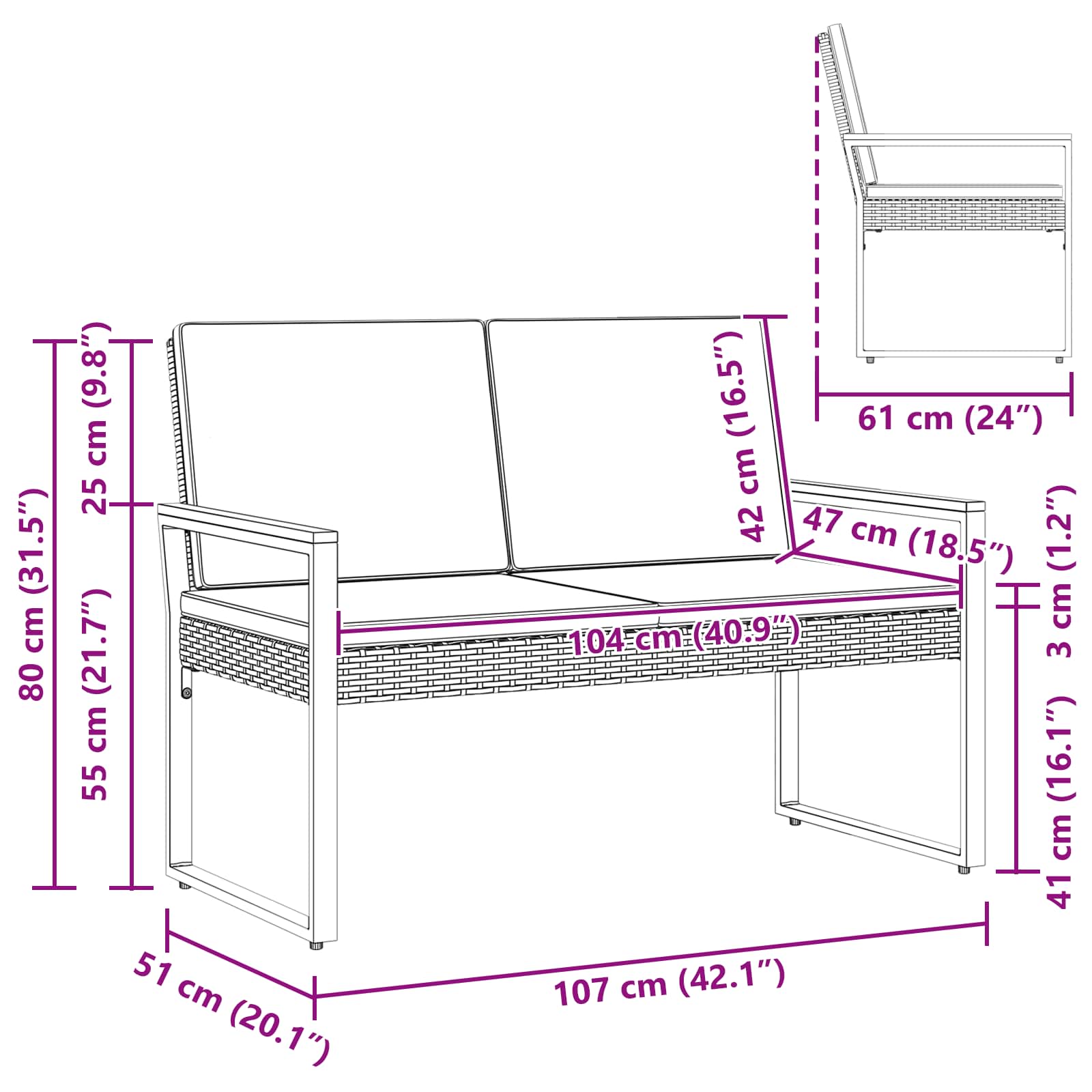 Bank Outdoor 2 -Seater 107 x 61 x 80 cm Poly-Rattan Rechteckig