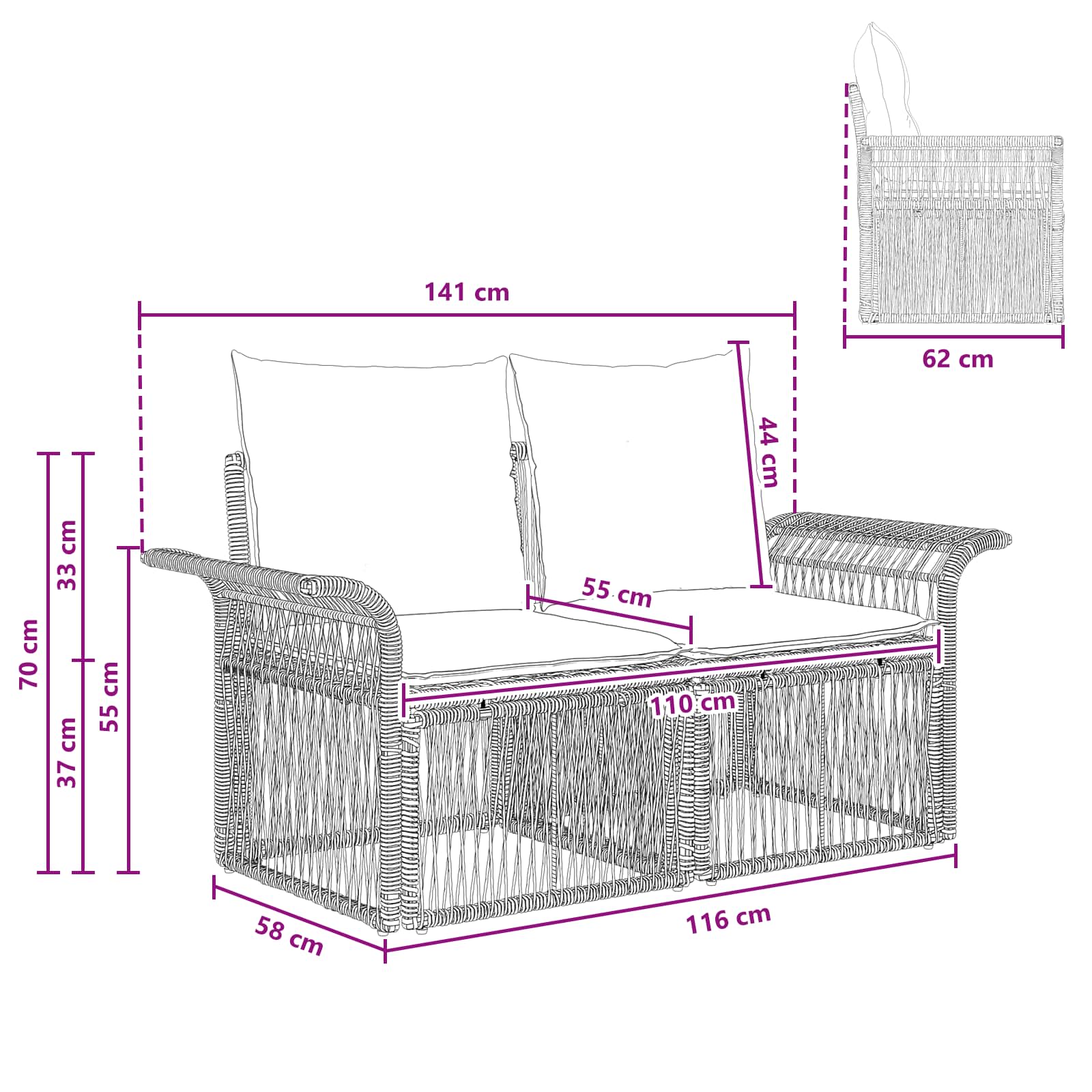 Garten-Sofa 2-Sitzanzahl Schwarz Poly-Rattan