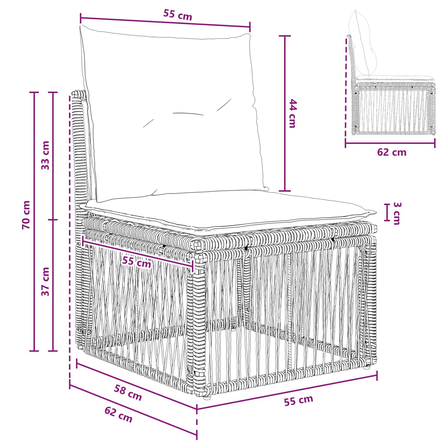 Armfreies Sofa Schwarz Poly-Rattan