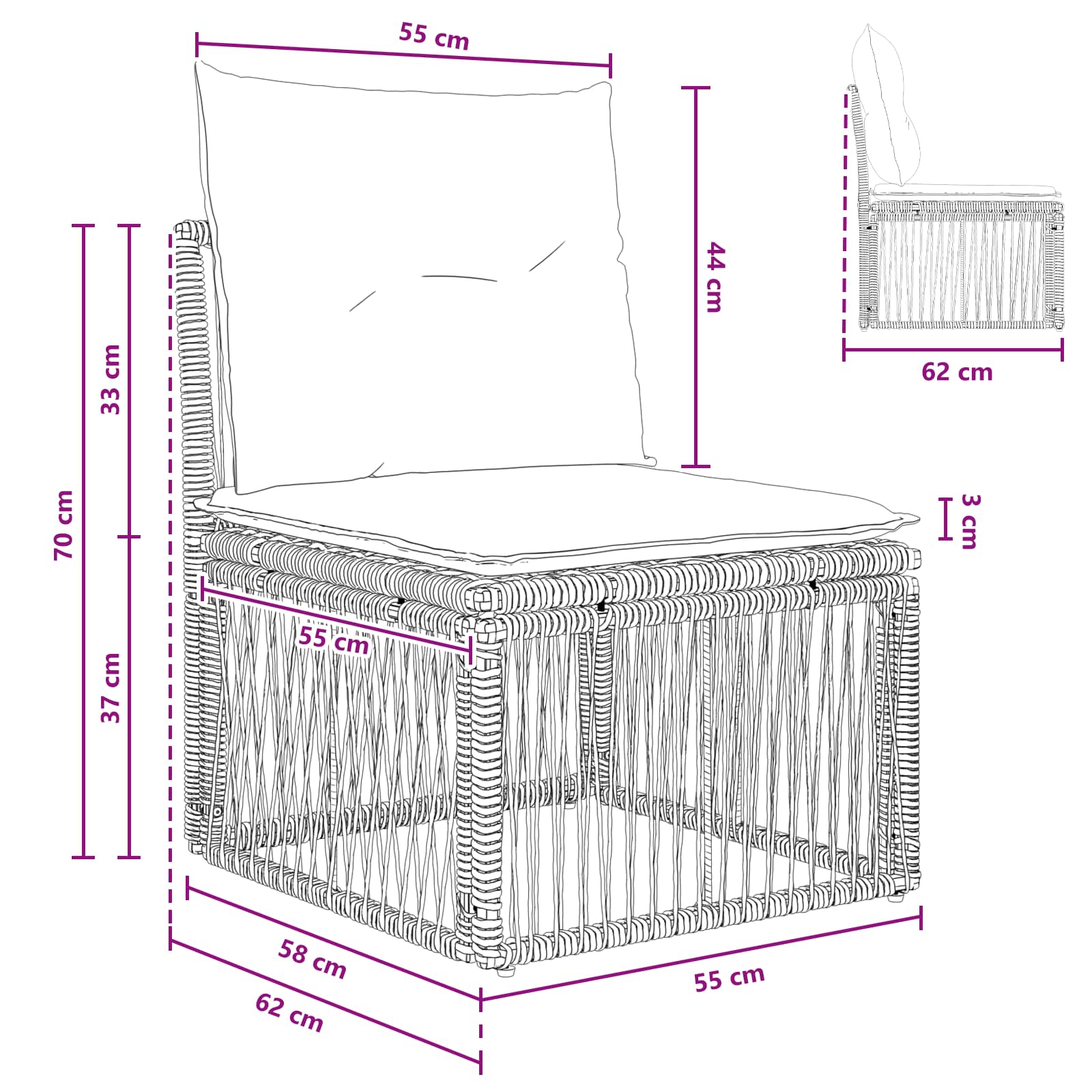 Armfreies Sofa Schwarz Poly-Rattan