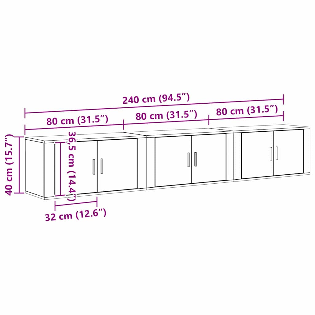 Wand-TV-Schrank Set 3 stk. Schwarz Eichen-Optik Holzwerkstoff