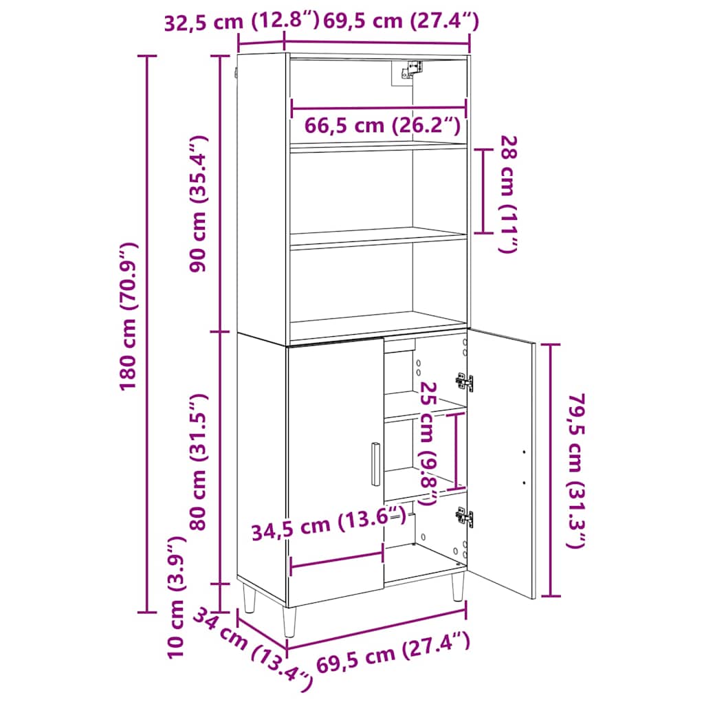 Highboard Altholz 69,5 x 32,5 x 180 cm Holzwerkstoff