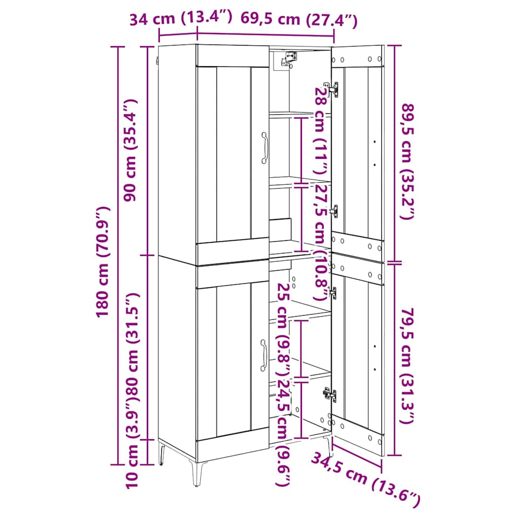 Highboard Wandmontiert Altholz 69,5 x 34 x 180 cm Holzwerkstoff