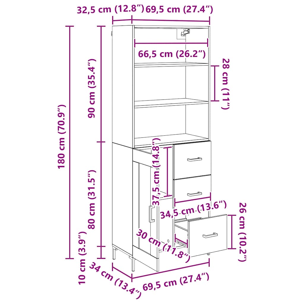 Highboard Altholz 69,5 x 34 x 180 cm Holzwerkstoff