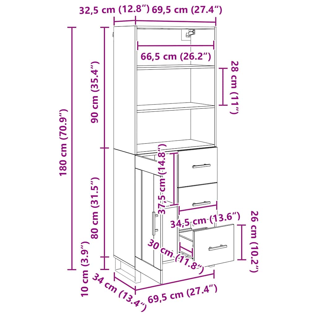 Highboard 2 stk. Altholz 69,5 x 34 x 180 cm