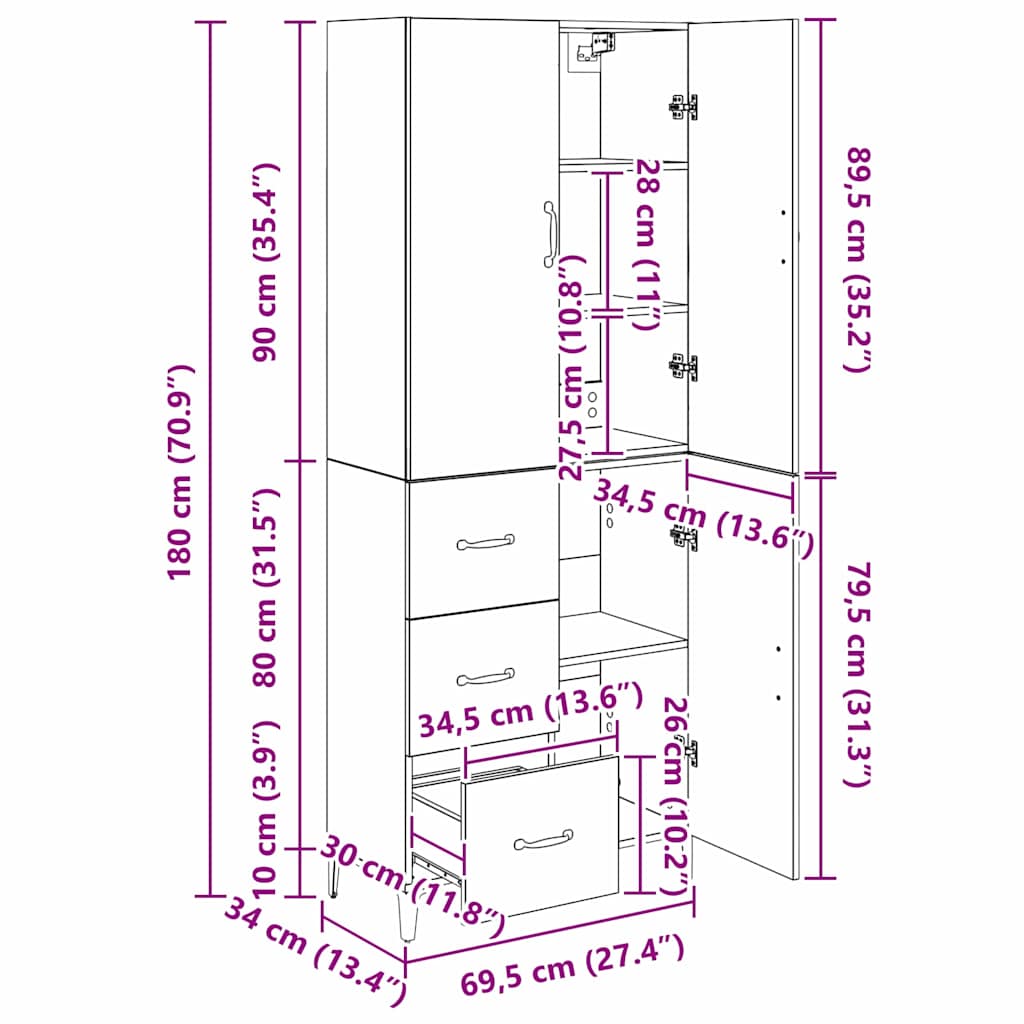 Highboard Altholz 69,5 x 34 x 180 cm Holzwerkstoff