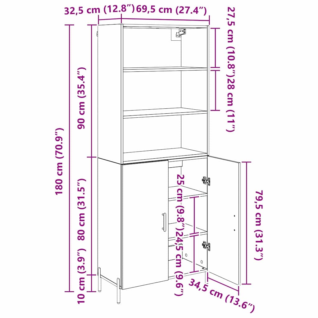 Highboard Altholz 69,5 x 32,5 x 180 cm Holzwerkstoff